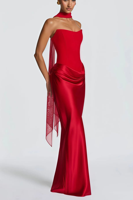 Berit Red Scarf Off Shoulder Ruched Maxi Dress