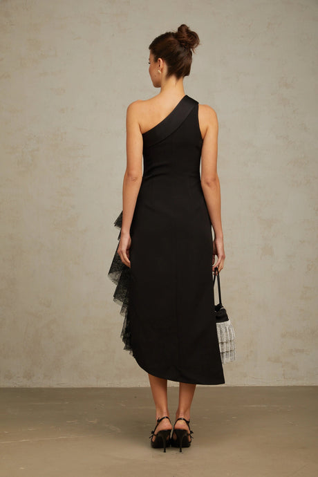 Bernadette Black LacePanel Asymmetrical Midi Dress