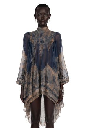 Bertille Blue Baroque Print High Neck Mini Dress