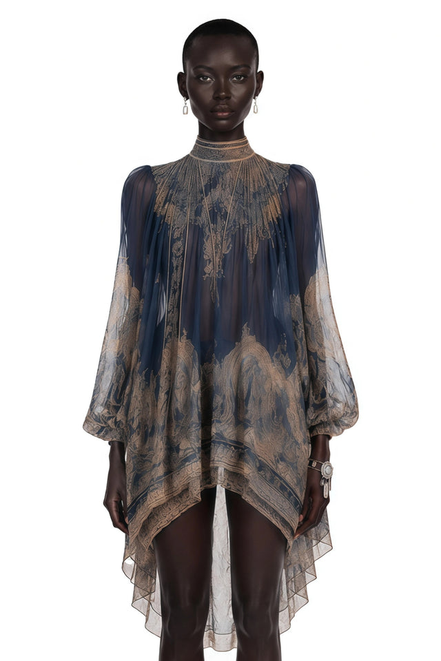 Bertille Blue Baroque Print High Neck Mini Dress