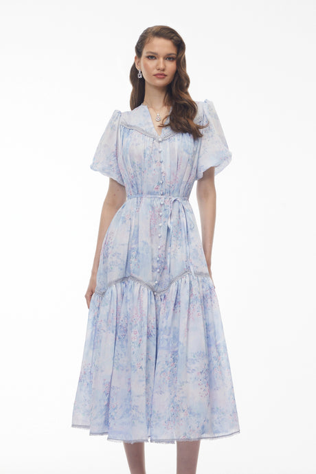 Beryl Blue Floral Print Ruched Midi Dress