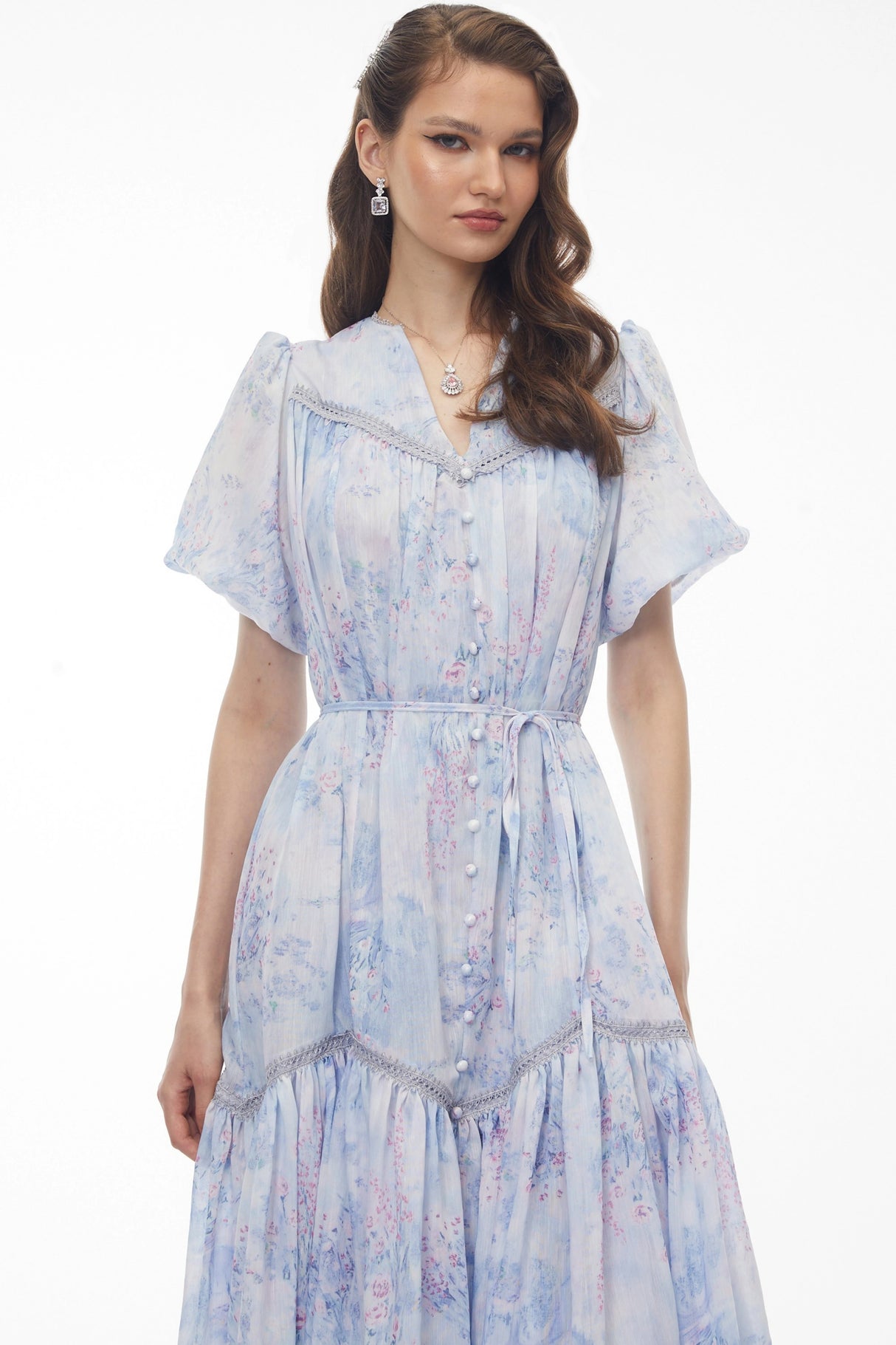 Beryl Blue Floral Print Ruched Midi Dress