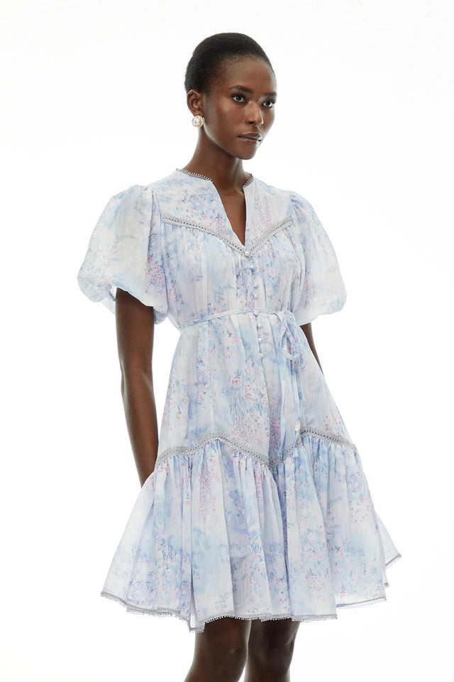 Beryl Blue Floral Print Ruched Mini Dress