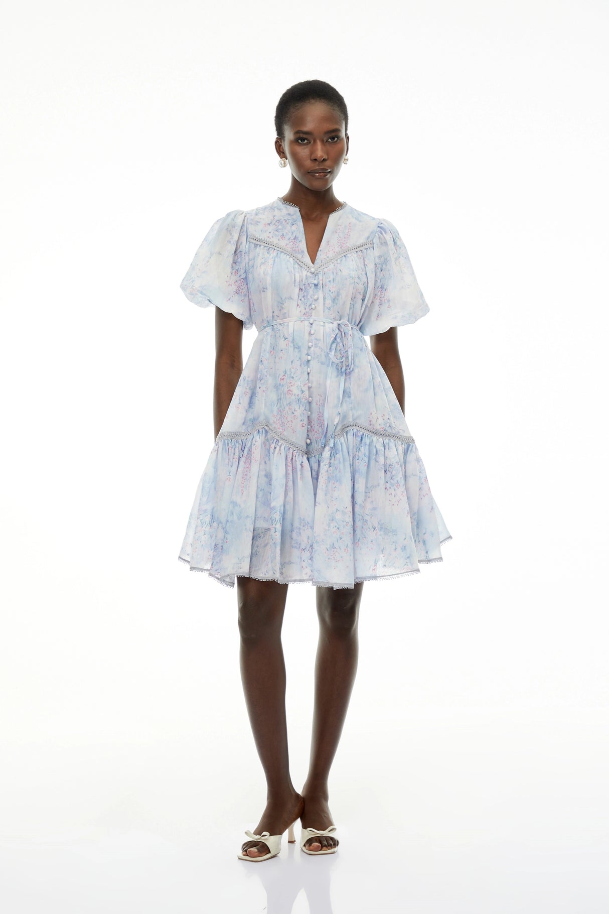 Beryl Blue Floral Print Ruched Mini Dress