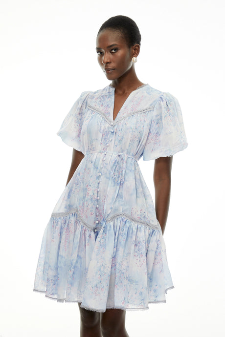 Beryl Blue Floral Print Ruched Mini Dress
