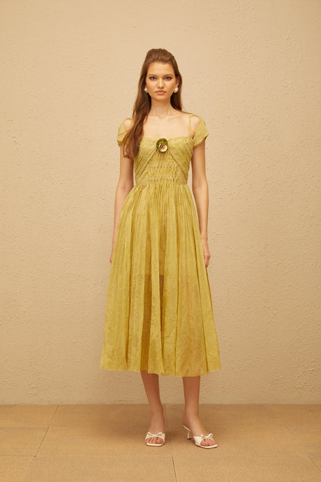 Béryl Green Floral Jacquard Midi Dress