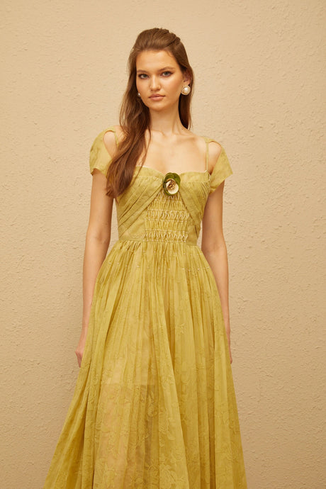 Béryl Green Floral Jacquard Midi Dress