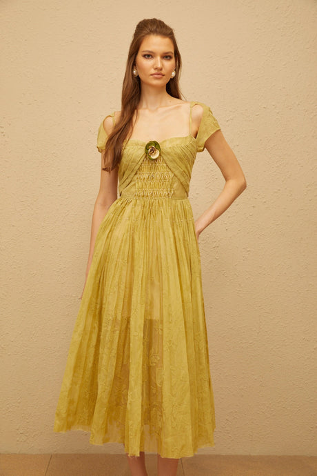 Béryl Green Floral Jacquard Midi Dress