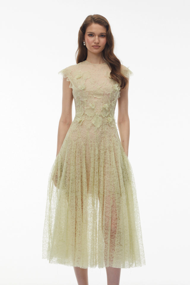 Béryl Green Floral Lace Midi Dress