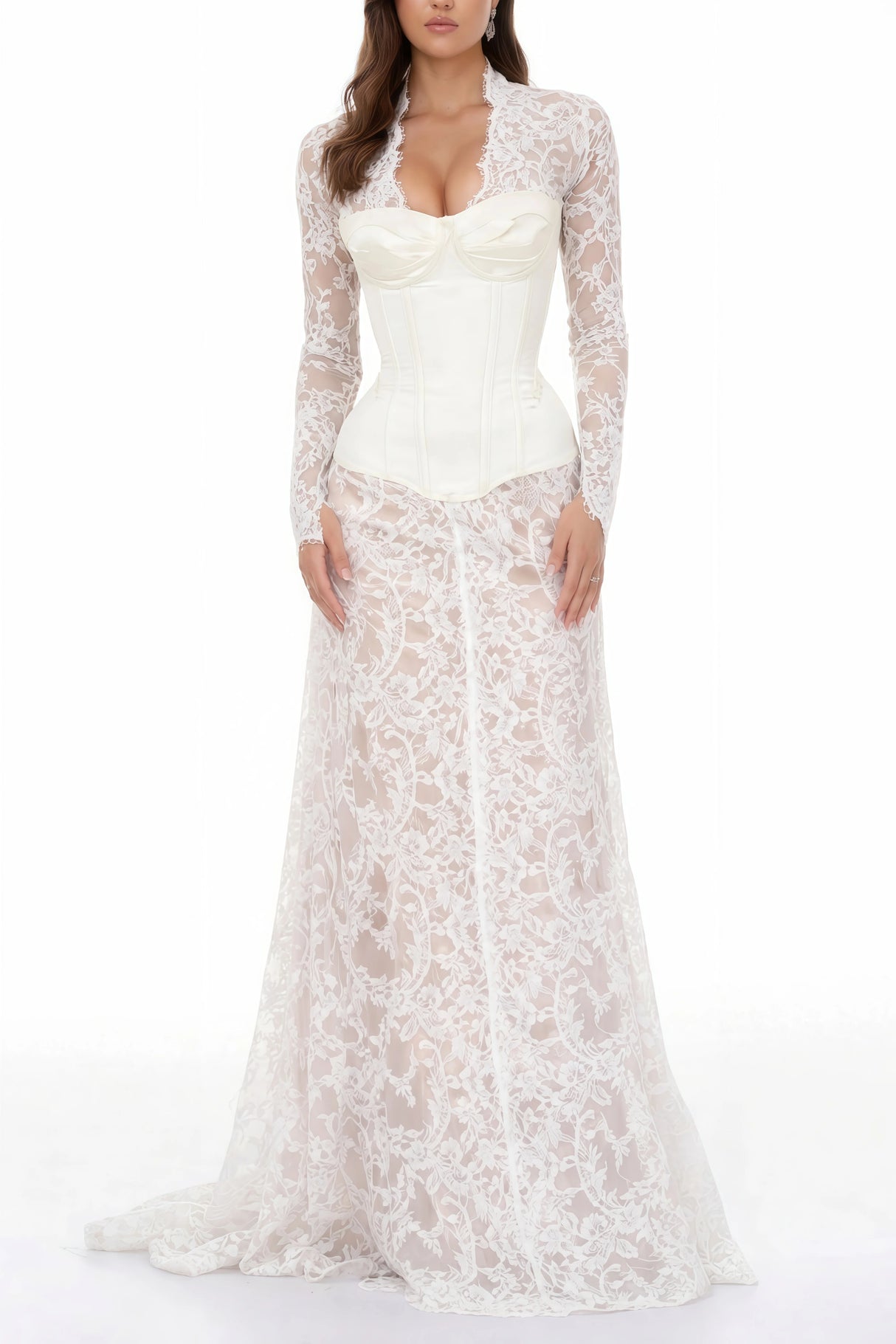 Bethany White Asymmetrical Lace Maxi Dress