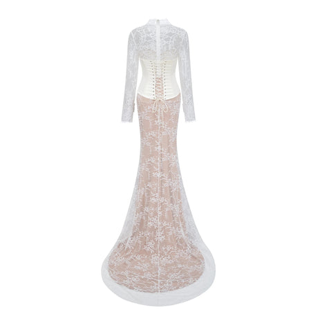 Bethany White Asymmetrical Lace Maxi Dress