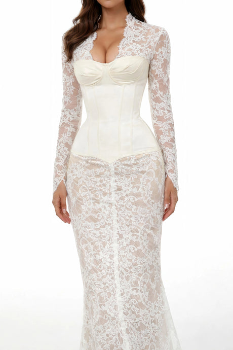Bethany White Asymmetrical Lace Maxi Dress