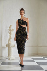 Bianca Black Cut Out Floral Lace Midi Dress
