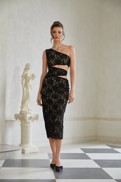 Bianca Black Cut Out Floral Lace Midi Dress