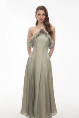 Bianka Green Pleated Maxi Dress with 3D Florals