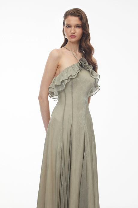 Bianka Green Pleated Maxi Dress with 3D Florals