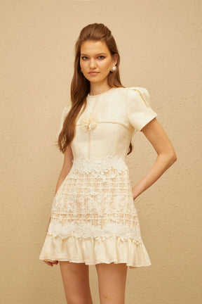 Bianka Neutral Crochet Floral Mini Dress