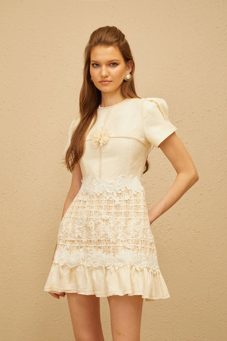 Kimberly Mini Dress Neutral Crochet Floral