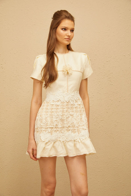 Kimberly Mini Dress Neutral Crochet Floral