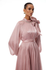 Birna Pink Floral Pleated Glossy Maxi Dress