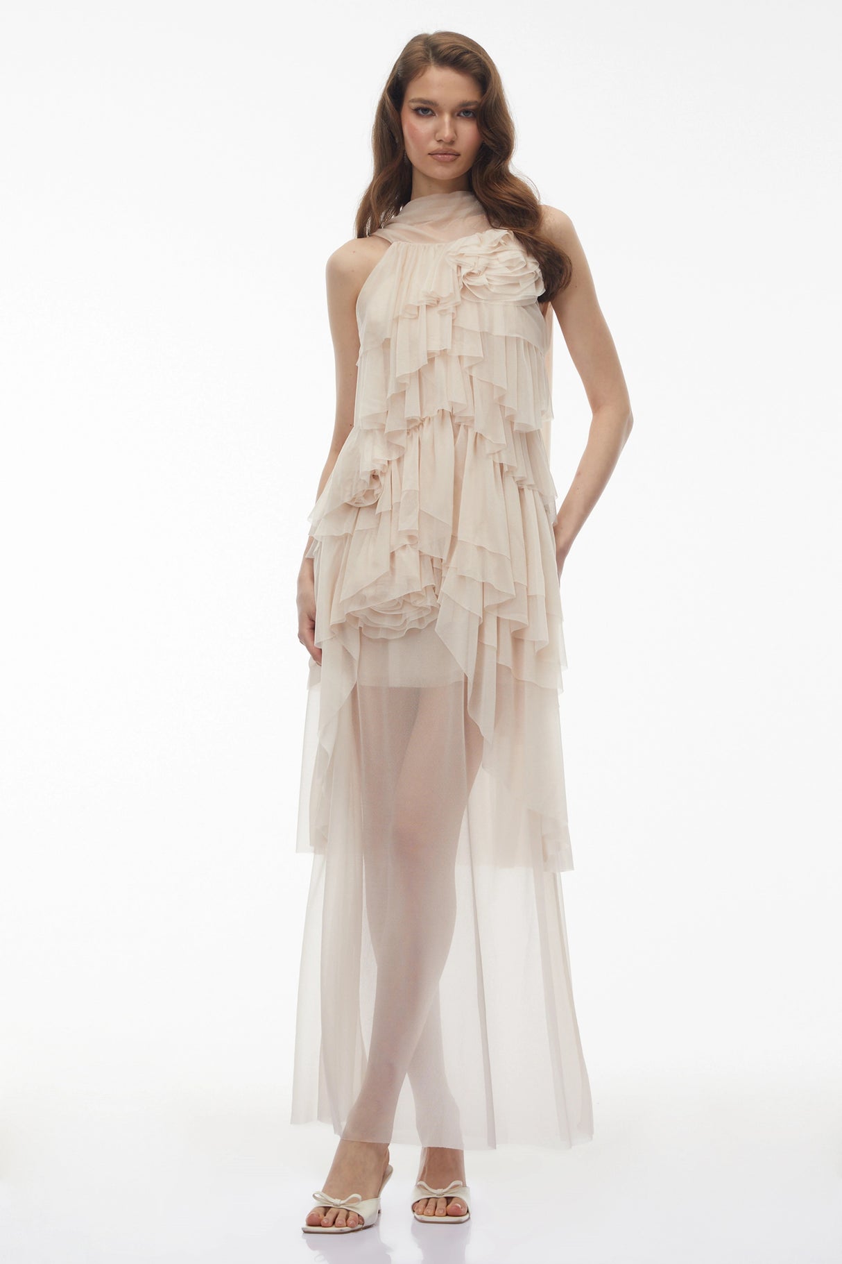 Blanche Neutral Floral Ruffled Maxi Dress