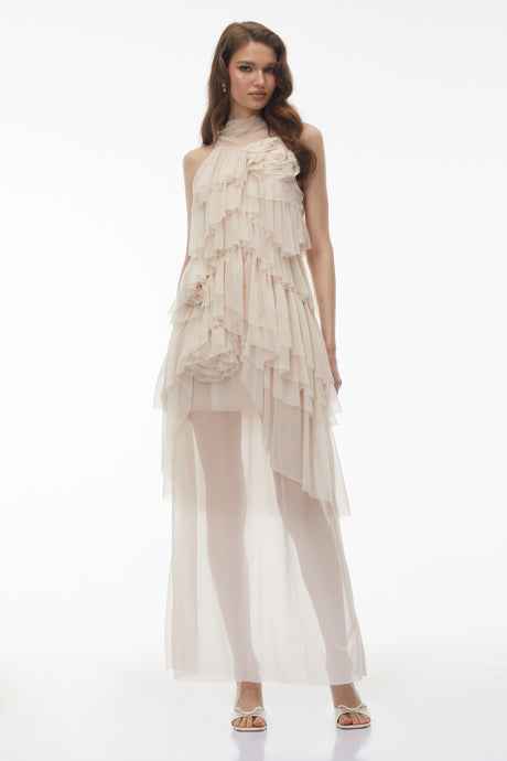 Blanche Neutral Floral Ruffled Maxi Dress