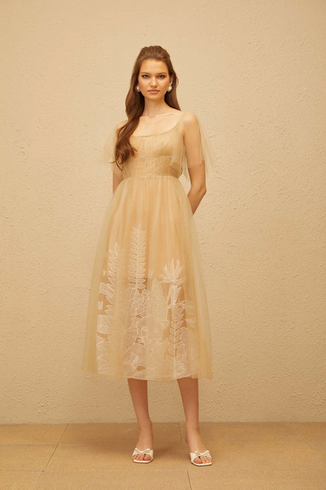 Blanka Neutral Pleated Jacquard Tulle Midi Dress