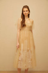 Blanka Neutral Pleated Jacquard Tulle Midi Dress