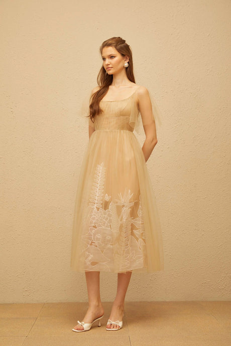 Blanka Neutral Pleated Jacquard Tulle Midi Dress