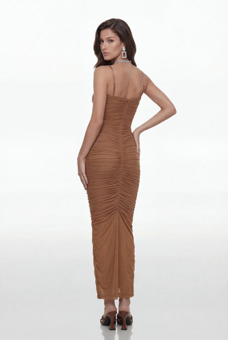 Bloem Brown Ruched Corset Maxi Dress
