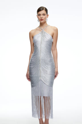 Bohdana Silver Halterneck Midi Dress with Fringe