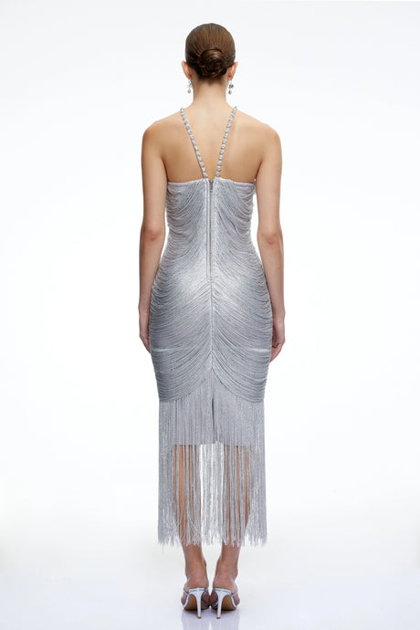 Bohdana Silver Halterneck Midi Dress with Fringe