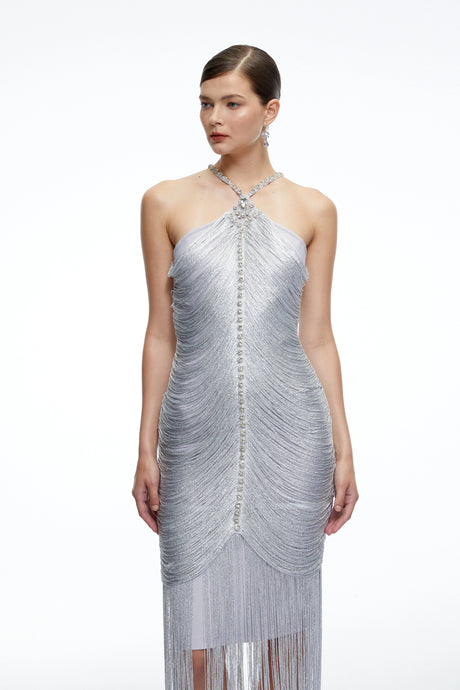 Bohdana Silver Halterneck Midi Dress with Fringe