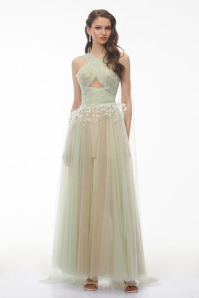 Bonnie Green Cross Front Maxi Dress with 3D Petals