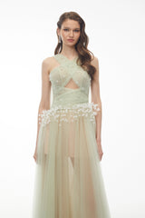 Bonnie Green Cross Front Maxi Dress with 3D Petals