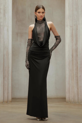 Borbála Black Lace Bodice Ruched Maxi Dress