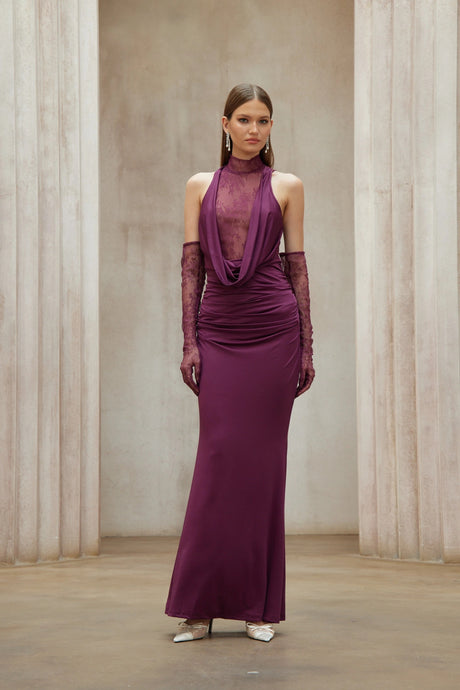 Borbála Magenta Lace Bodice Ruched Maxi Dress