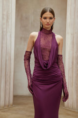Borbála Magenta Lace Bodice Ruched Maxi Dress