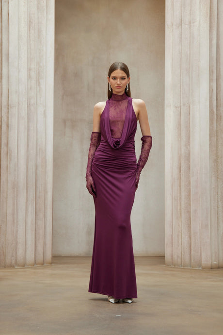 Borbála Magenta Lace Bodice Ruched Maxi Dress