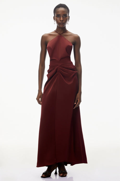 Bozhena Red Halterneck Ruched Maxi Dress