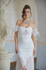 Brandusa White Bowknot Ruched Chiffon Midi Dress