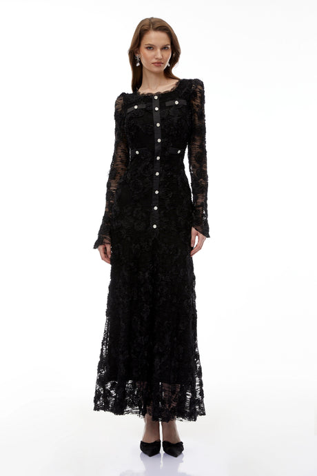 Branwen Black 3DFloral Embroidered Lace Maxi Dress