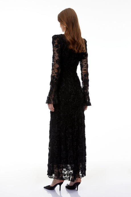 Branwen Black 3DFloral Embroidered Lace Maxi Dress
