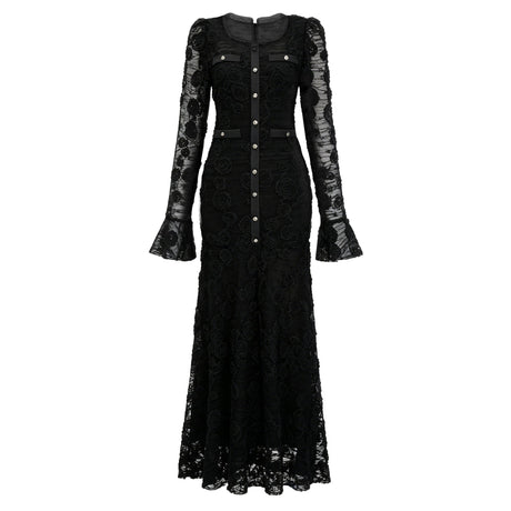 Branwen Black 3DFloral Embroidered Lace Maxi Dress