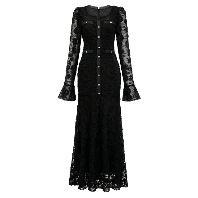 Branwen Black 3DFloral Embroidered Lace Maxi Dress
