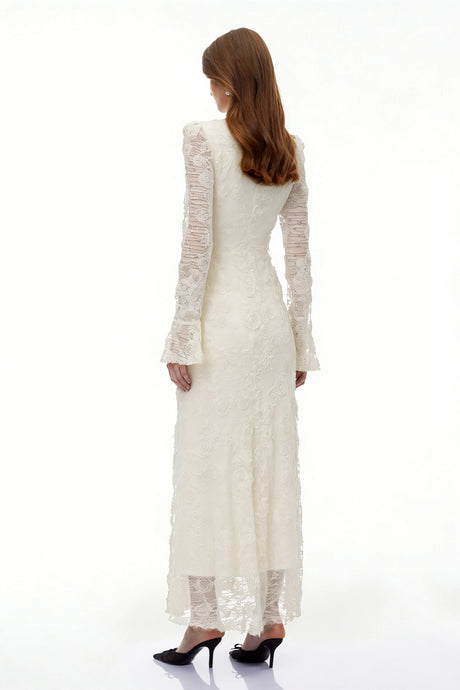 Branwen Neutral 3DFloral Embroidered Lace Maxi Dress