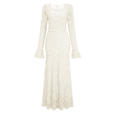 Branwen Neutral 3DFloral Embroidered Lace Maxi Dress