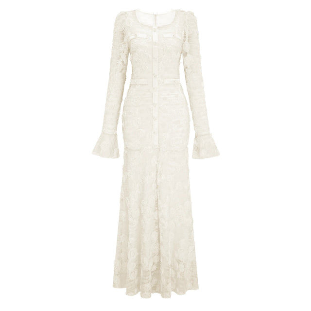 Branwen Neutral 3DFloral Embroidered Lace Maxi Dress