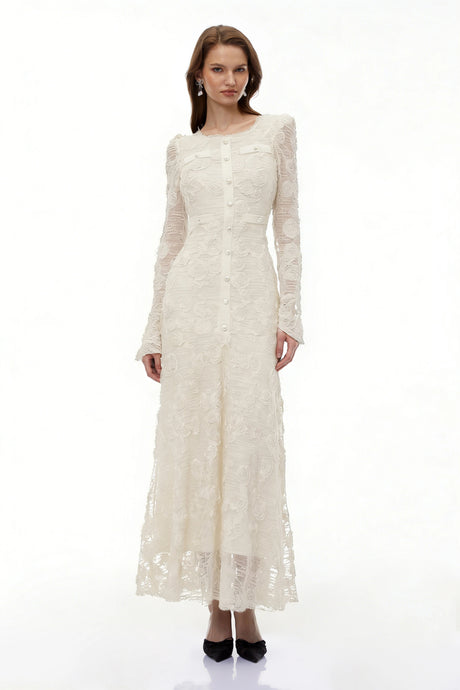Branwen Neutral 3DFloral Embroidered Lace Maxi Dress