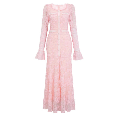 Branwen Pink 3DFloral Embroidered Lace Maxi Dress